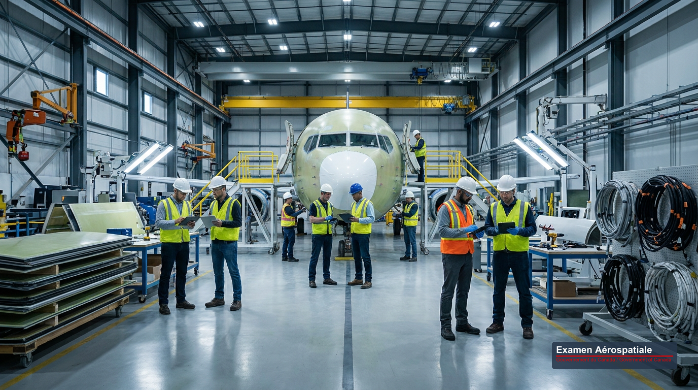 Ingénieurs et techniciens canadiens sur une chaîne de montage aérospatiale, inspectant la structure d'un avion commercial en cours d'assemblage