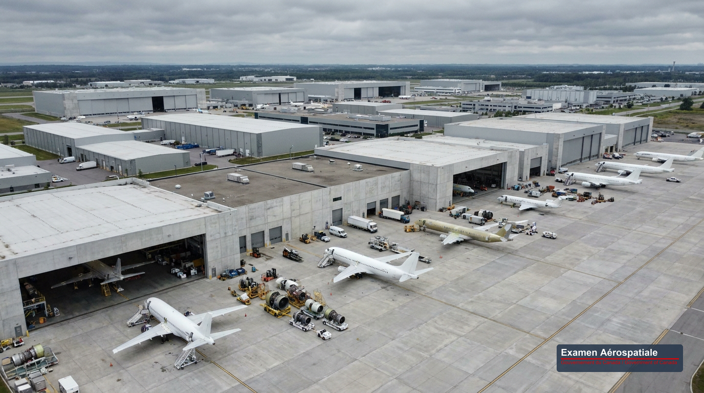 Vue aérienne d'une installation aérospatiale industrielle canadienne avec des avions sur le tarmac